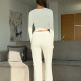 Knitted Cotton Jacquard Cropped Long Sleeve Three Piece Set