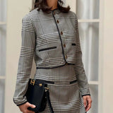 Black Print O-Neck Pockets Mini Office Two Piece Set
