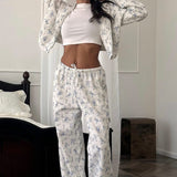 Floral Cropped Zip Hoodie Drawstring Wide-leg Pants Two Piece Set