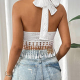 White Lace Strapless Fringe Crop Top