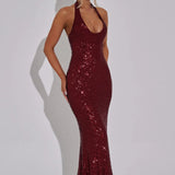 Rhinestone Halter Sleeveless Ruched Party Dress