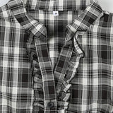 British Plaid Ruffled V Neck Puff Sleeve Blouse