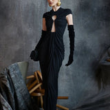 Black Mesh Cutout Slim Vintage Evening Party Dress