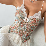 Lace Trim Patchwork Boned Corset Tank Top