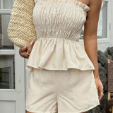Casual Minimalist stripe Tube Ruffle Shorts Two Piece Set