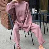 Solid Distressed Knit Crew Neck Sweater Two Piece Set