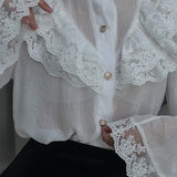 Lace Trim Stand Collar Chiffon Blouse