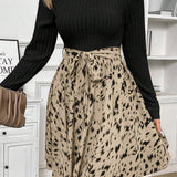 Black Ribbed Knit Patchwork Printed Belted A-line Dress