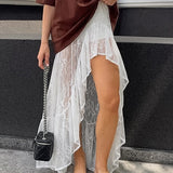 Lace Sheer Split Ruffle Asymmetrical Skirt