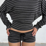 Striped Print Asymmetrical Shoulder Two Piece Set