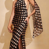 Elegant Polka Dot Backless Halter Maxi Dress