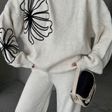 Casual Round Neck Knit Sweater with Pants Two Piece Set