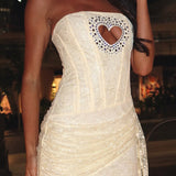 Strapless Rhinestone Cutout Heart Lace Bodycon Mini Dress