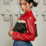 Studded Colorblock PU Moto Jacket