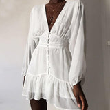 V Neck Women's Spring Summer Dress Lace Long Sleeve Mini Party Dress
