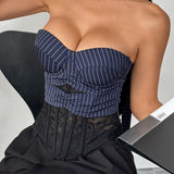 Stripe Lace Trim Backless Corset Crop Top