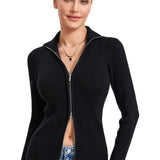 Ribbed Knit Zip-Up Stand Collar Cardigan