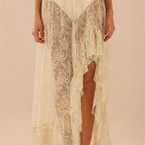 Lace Insert High Waist Slit Asymmetrical Midi Skirt