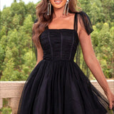 Off-the-shoulder Mesh Lace-up Cocktail Dress