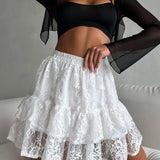 Sheer Lace Jacquard Tiered Mini Skirt