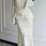 Long Sleeve Small Floral Waist Cinch Top Midi Skirt Two Piece Set