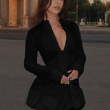 Stylish Solid Stand Collar Zipper Slim Long Sleeve Skirt Set