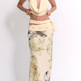 Sexy Backless Halter Top Slim Printed Maxi Skirt Set