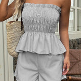 Casual Minimalist stripe Tube Ruffle Shorts Two Piece Set