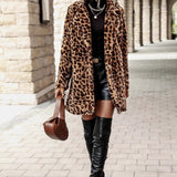 Leopard Print Notch Lapel Plush Overcoat