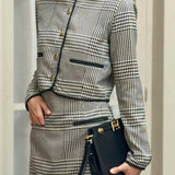 Black Print O-Neck Pockets Mini Office Two Piece Set