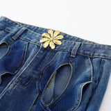Hollow Button Patchwork Wide Leg Jeans