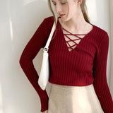 Slim Fit Lace Up V Neck Sweater