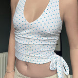 Polka Dot V-Neck Tie Halter Crop Top