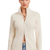 Ribbed Knit Zip-Up Stand Collar Cardigan