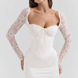 Long Sleeve Lace Satin Maxi Dress