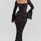 Bodycon Lace Flare Sleeve Maxi Dress
