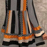 Black Striped Polka Dot Print Ruffled Hem V Neck Mini Dress