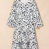 White Leopard Print Notch V Neck Loose Fit Maxi Dress