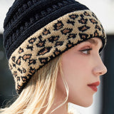 Warm Leopard Print Cable Knit Beanie Hat