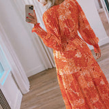 Orange Boho Floral Bishop Sleeve V Neck Tiered Maxi Dress