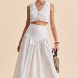 Stylish High Waist Button Patchwork White Maxi Skirt