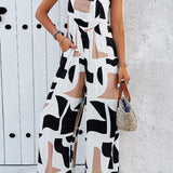 Printed Wide Strap Jumpsuit with Pockets