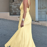 Halter V-Neck Backless Ruched High Slit Party Dress