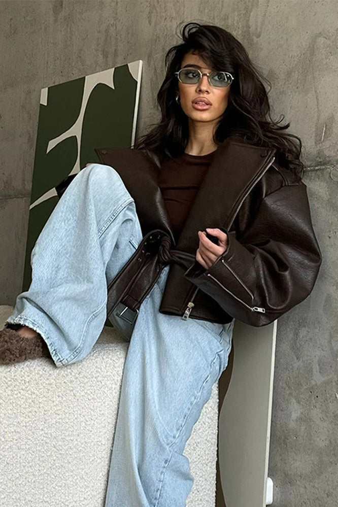 Cinched Waist Zipper Biker Jacket