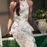 Satin Printed Bubble Hem Vest Maxi Skirt Two Piece Set