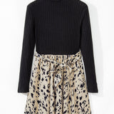 Black Ribbed Knit Patchwork Printed Belted A-line Dress
