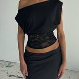 Asymmetric Collar Lace Sheer Sleeveless Crop Top