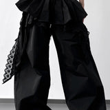 Lace Skirt Hem Trim Wide Leg Casual Pants