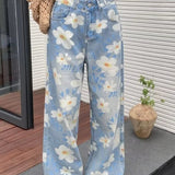 Washed Floral Print Baggy Jeans