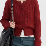 Red Twist Knit O-Neck Cardigan